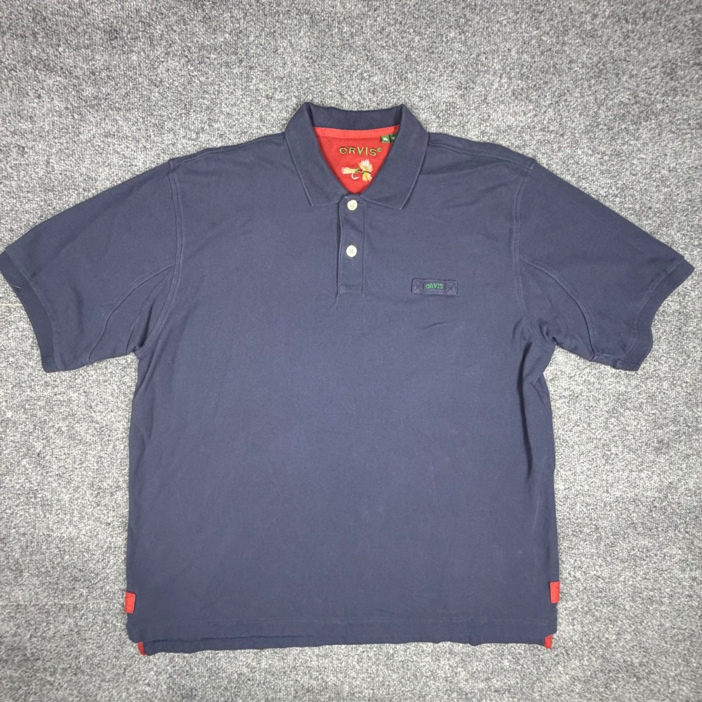 Orvis Mens XL Navy Blue Cotton Pique Short Sleeve Polo Shirt‎ Fly Fishing 3B90